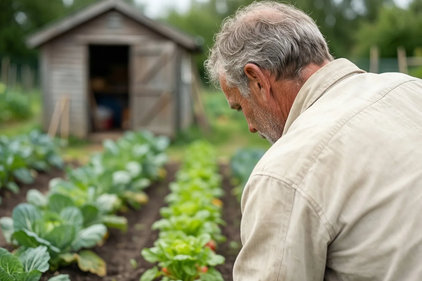 Een oudere man met grijs haar buigt zich over nette rijen groene groenten in een tuin met een klein houten tuinhuis op de achtergrond.