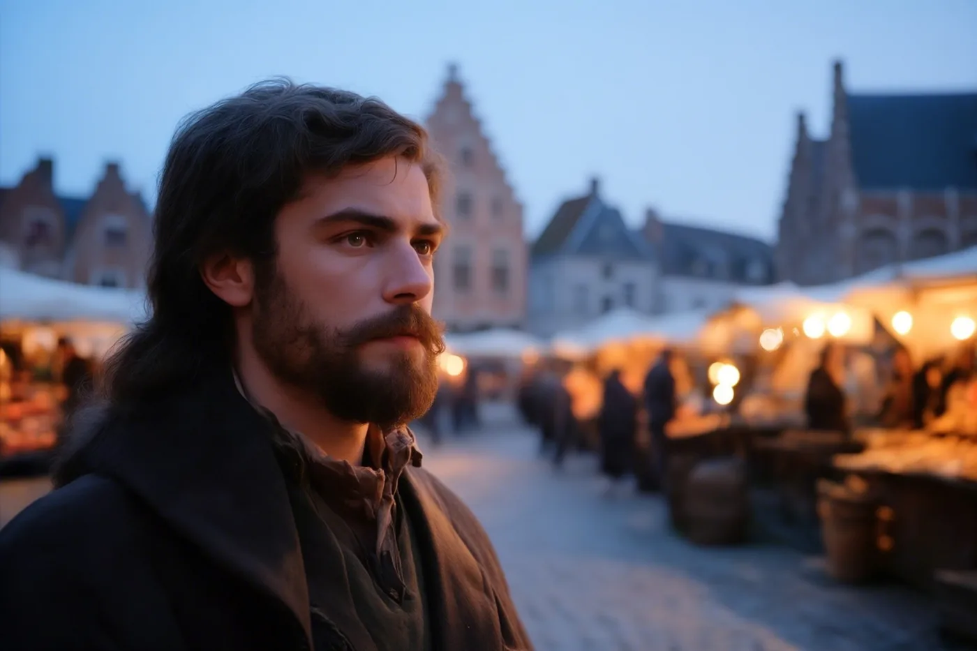 Een man met een baard en lang haar staat op een marktplein met kasseien, met onscherpe marktkramen, warme lantaarnlichten en historische gebouwen onder een blauwe avondhemel.