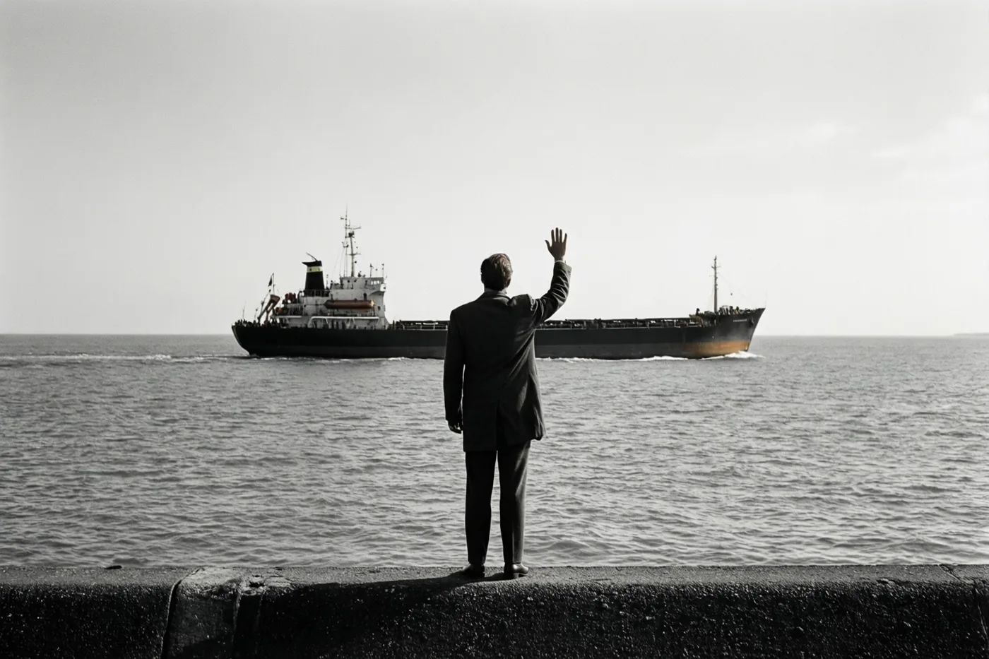 Op een monochrome foto zwaait een man in een pak met zijn rechterhand vanaf een betonnen dijk naar een wegvarend vrachtschip.