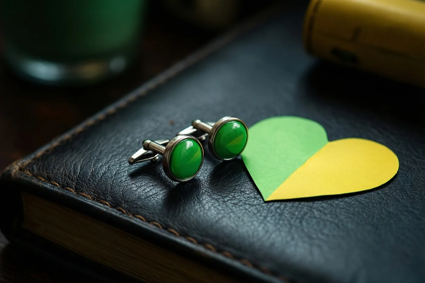 Zilveren manchetknopen met groene stenen liggen naast een uitgeknipt papieren kinderhart op een donker leren bureau, met groen en geel als overheersende kleuren.