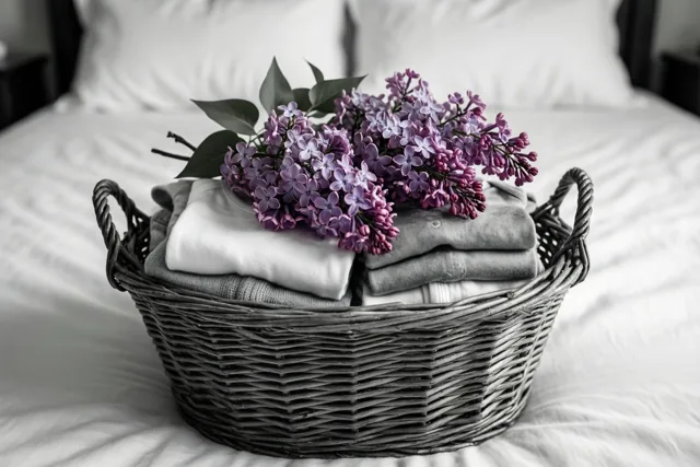 Een rieten mand met opgevouwen babykleertjes en verse paarse seringentakken staat op een wit bed in zacht licht.