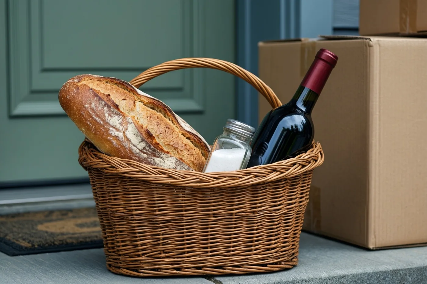 Een rieten mand met brood, een zoutvaatje en een fles wijn staat op een drempel naast verhuisdozen, voor een groene deur.