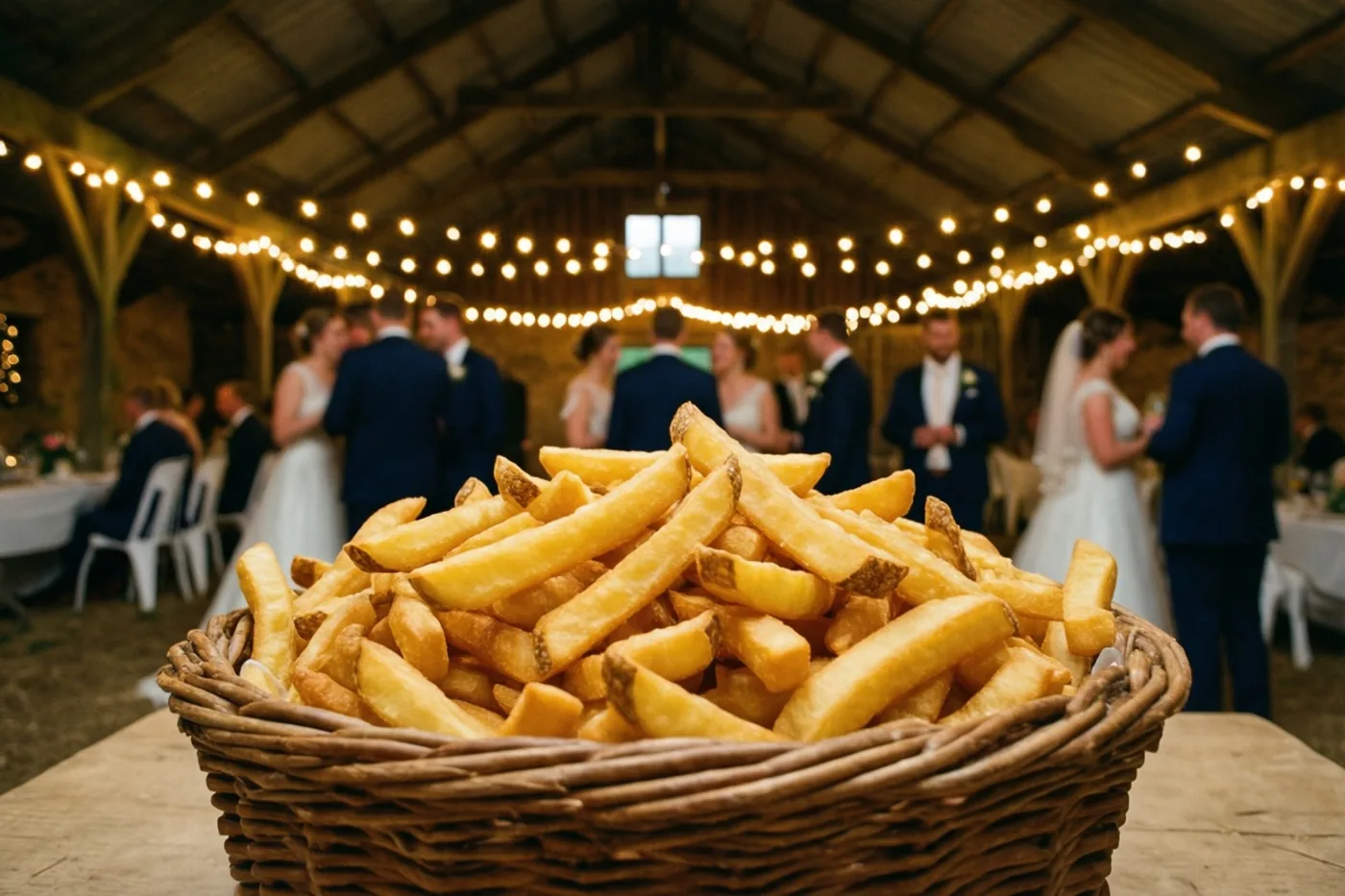 Een grote rieten mand vol goudgele frieten staat op een houten tafel, met op de wazige achtergrond bruiloftsgasten onder warme lichtslingers in een landelijke schuur.