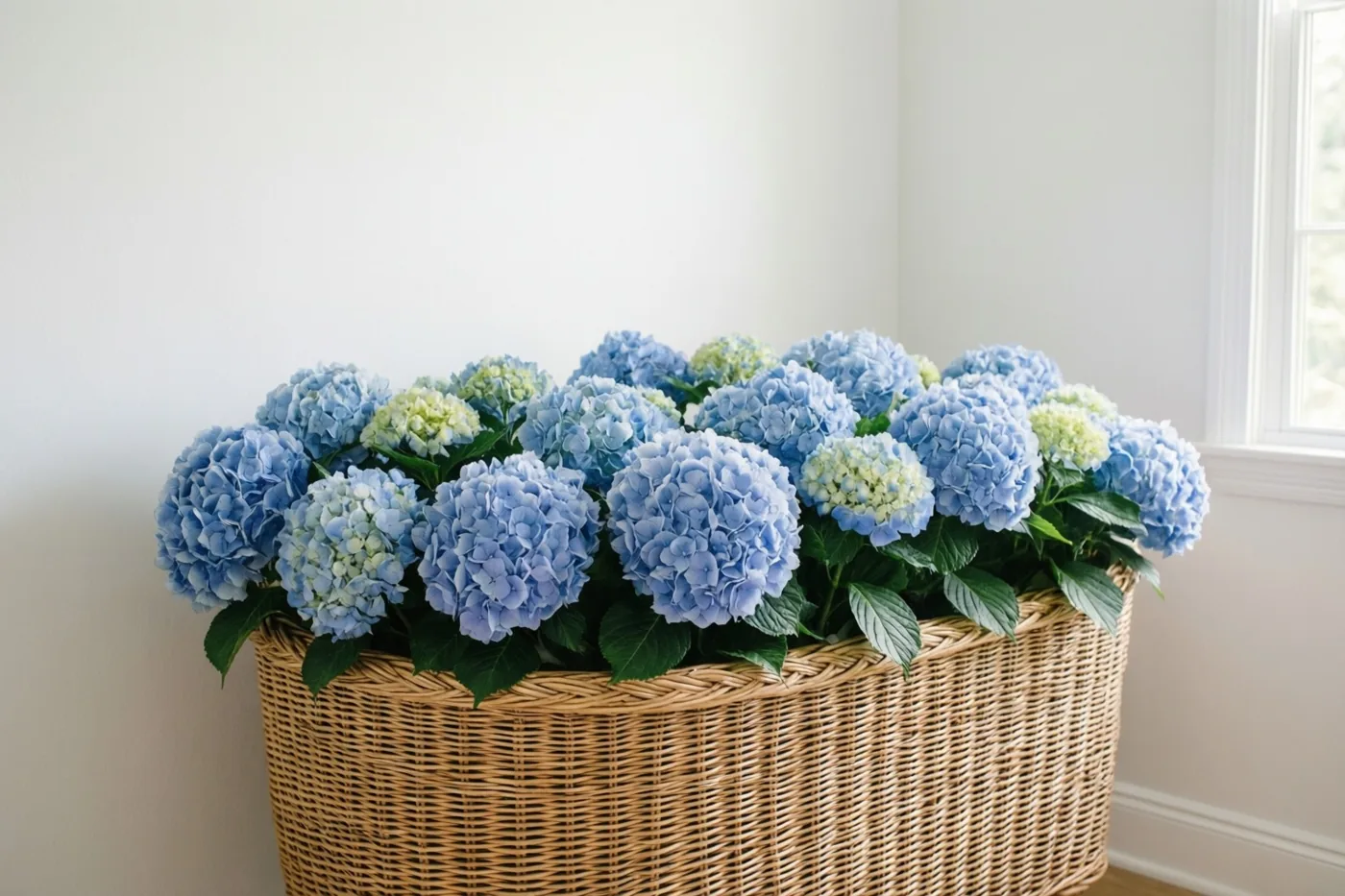 Een grote rieten mand vol blauwe hortensia’s staat in een zonnige kamer met witte muren.