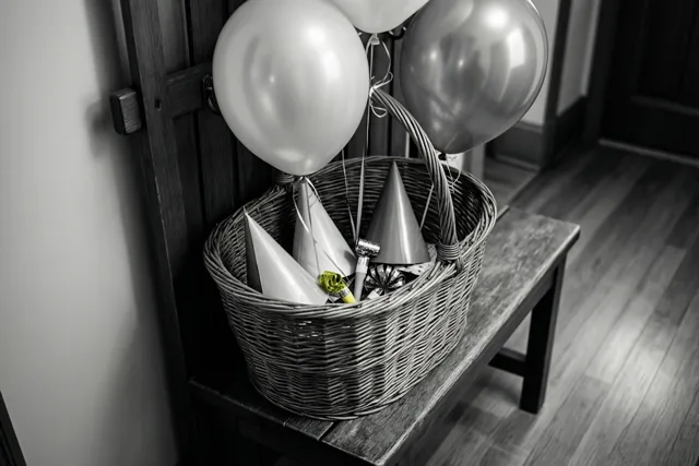 Op een monochrome foto staat een rieten mand met papieren feesthoedjes en roltongen op een houten bank in een gang, naast een kapstok met ballonnen.
