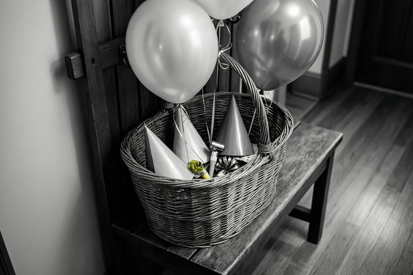 Op een monochrome foto staat een rieten mand met papieren feesthoedjes en roltongen op een houten bank in een gang, naast een kapstok met ballonnen.