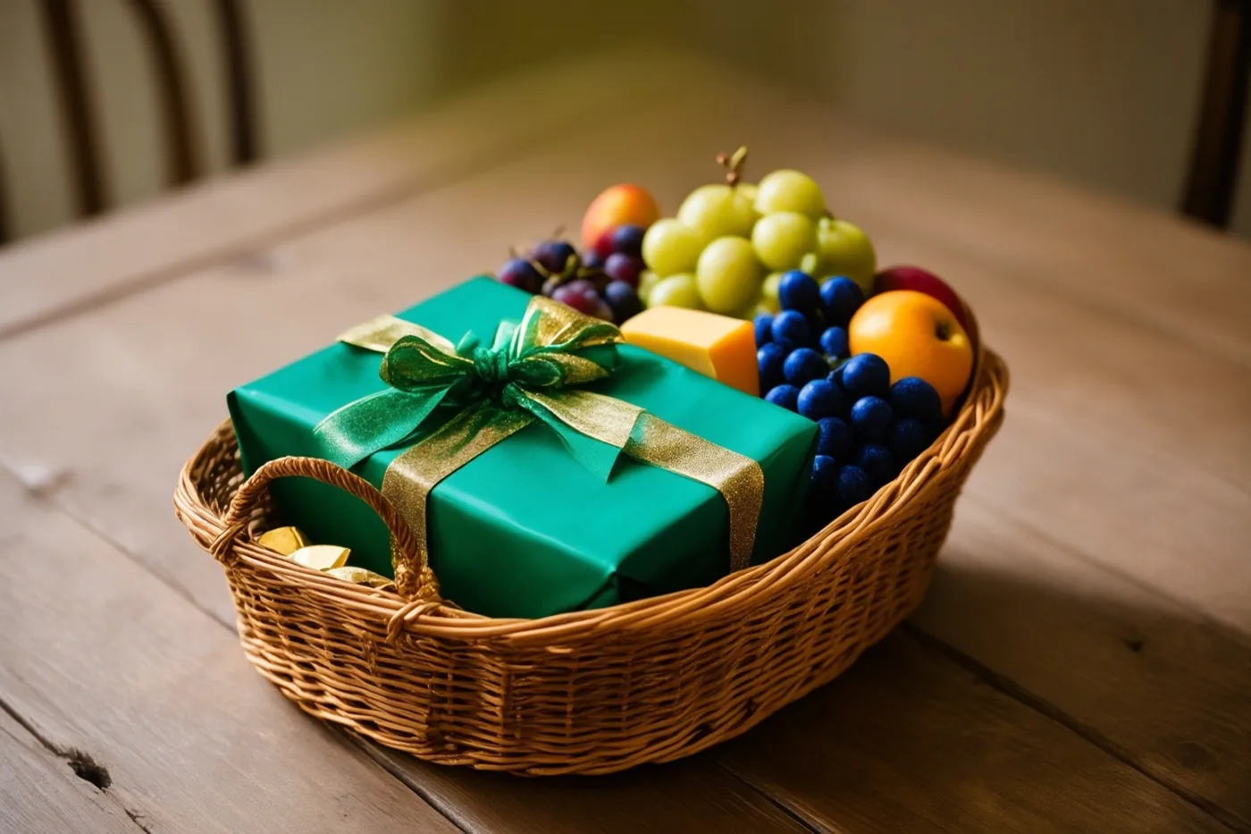 Een rieten mand met een groen ingepakt cadeau, druiven, kaas en fruit staat op een houten boerentafel in warm licht.
