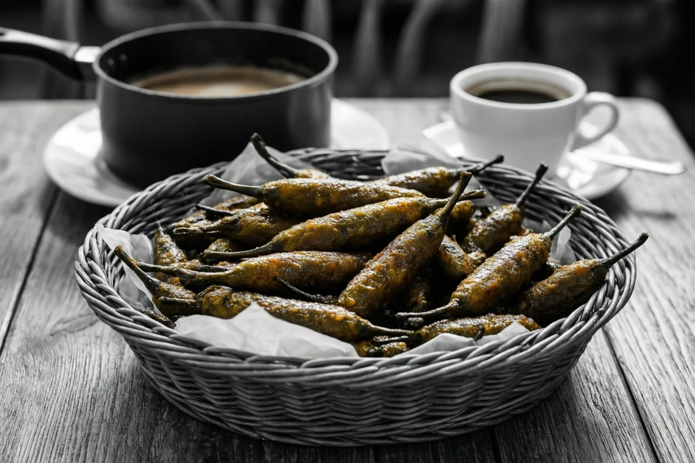 Een mand met gefrituurde pistolets staat naast een kan en een kop koffie op een houten tafel, waarbij het eten in kleur afsteekt tegen een monochrome achtergrond.