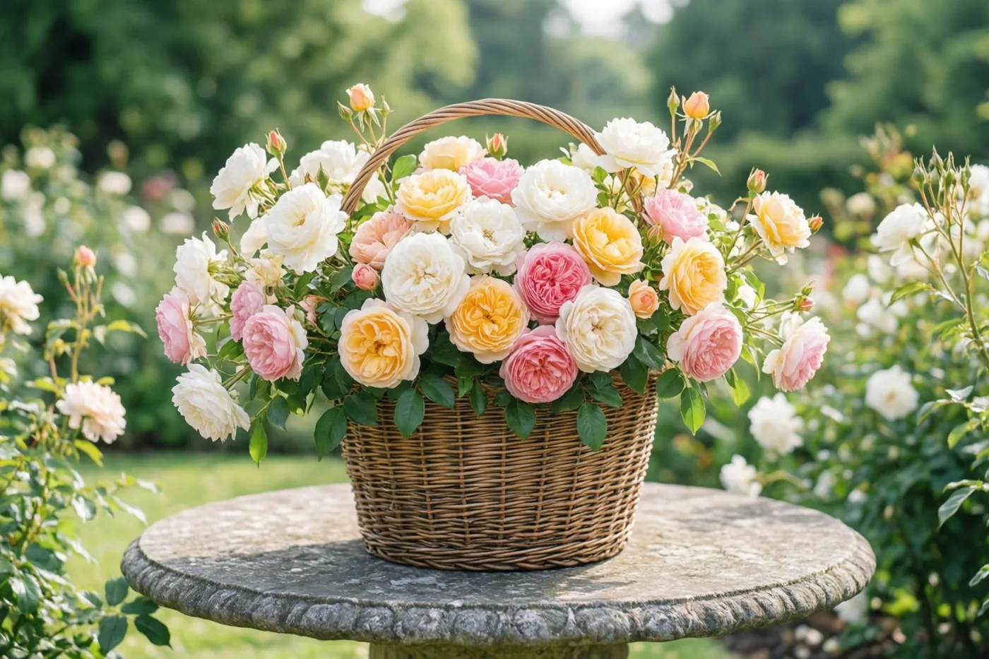 Een rieten mand vol roze, gele en witte tuinrozen staat op een verweerde stenen tafel in een weelderige tuin, in zacht daglicht.