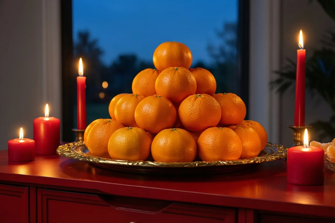 Een piramide van mandarijnen staat op een goudkleurig bord op een rood dressoir, omringd door brandende rode kaarsen bij een donker raam in de schemering.