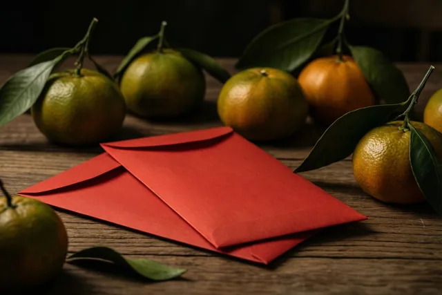 Rode enveloppen en mandarijnen met groene blaadjes liggen op een rustieke houten tafel in warm licht.