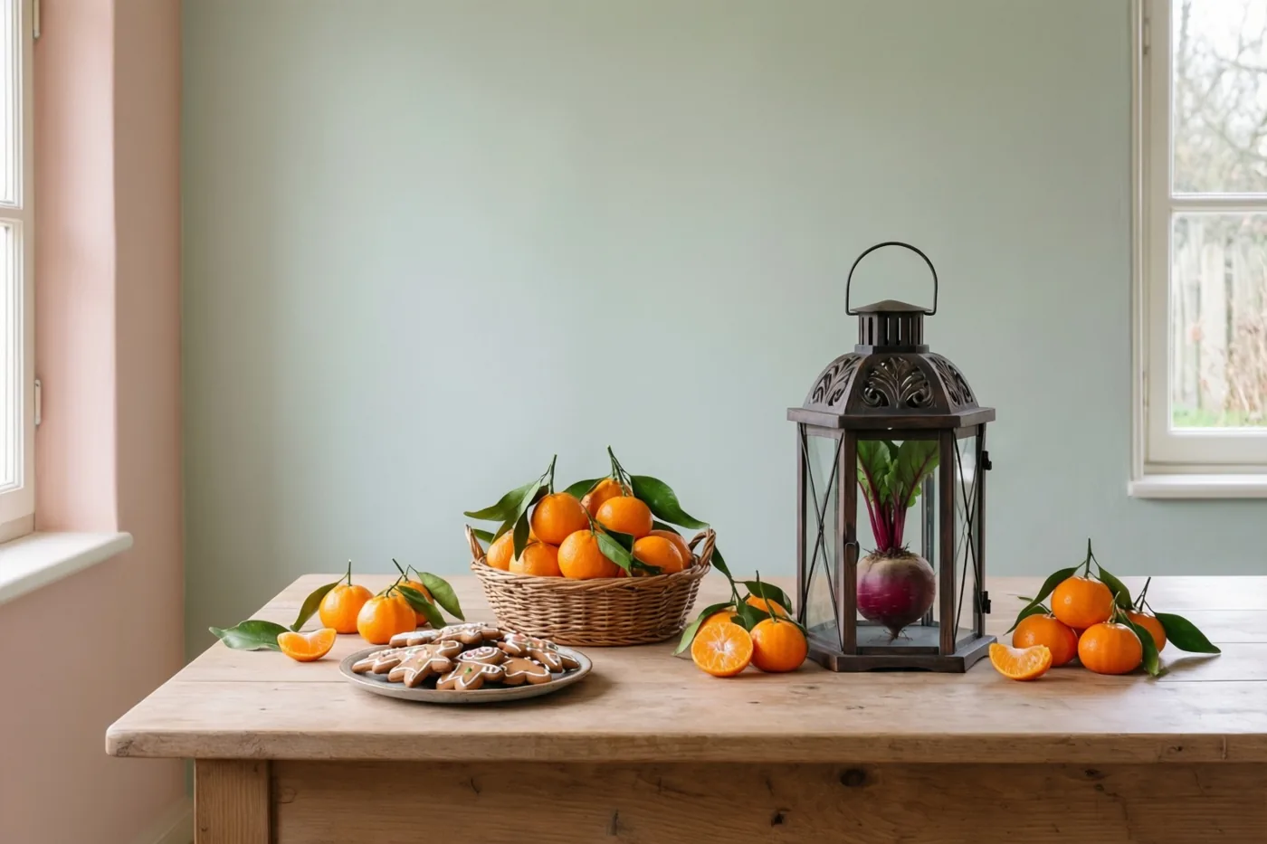 Op een houten tafel in een boerenkeuken staan een mand mandarijnen, een bord gemberkoekjes en een sierlantaarn met een biet, bij lichtgroene en roze muren.