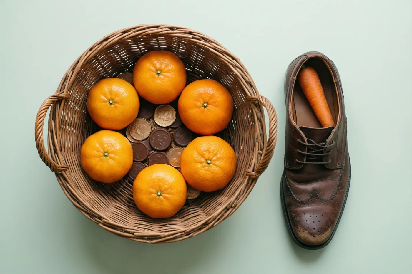 Van bovenaf zijn een rieten mand met mandarijnen en chocolademunten en een bruine leren schoen met een wortel te zien op een lichtgroene ondergrond.