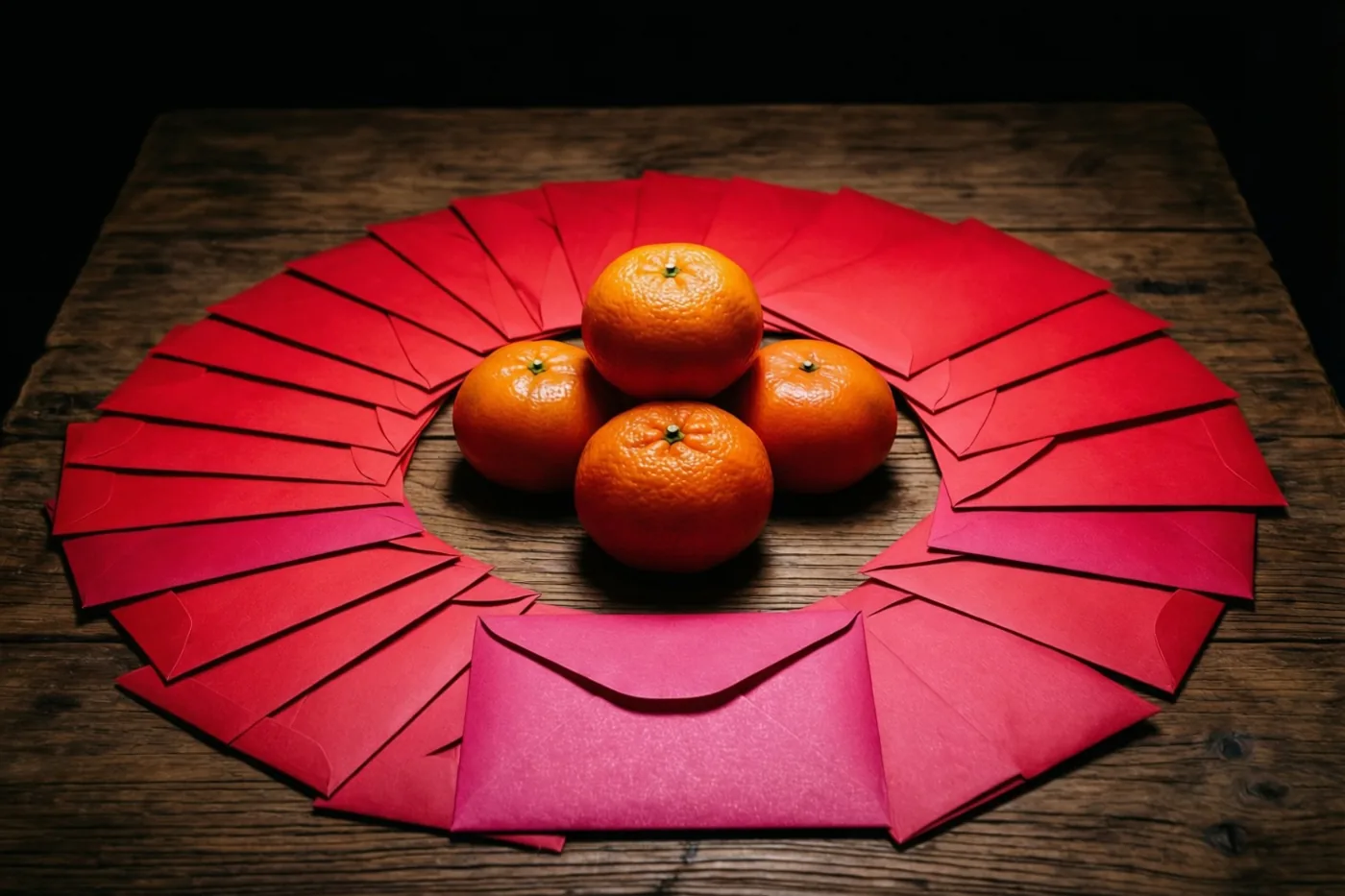Vier mandarijnen liggen in een kring op een houten tafel, omringd door uitgewaaierde rode enveloppen in warm licht tegen een donkere achtergrond.