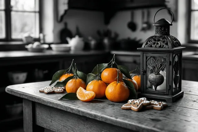 Op een rustieke houten keukentafel liggen mandarijnen met blaadjes, versierde gemberkoekjes en een uitgesneden bietenlantaarn, met fel oranje accenten tegen een monochrome achtergrond.