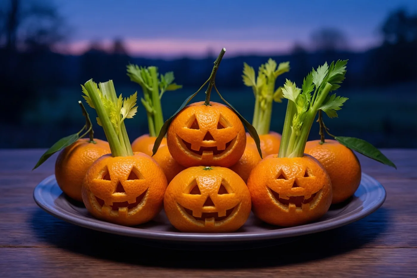 Een schaal mandarijnen met uitgesneden griezelgezichten en selderstengels bovenop staat op een houten tafel tegen een schemerige lucht in warm licht.