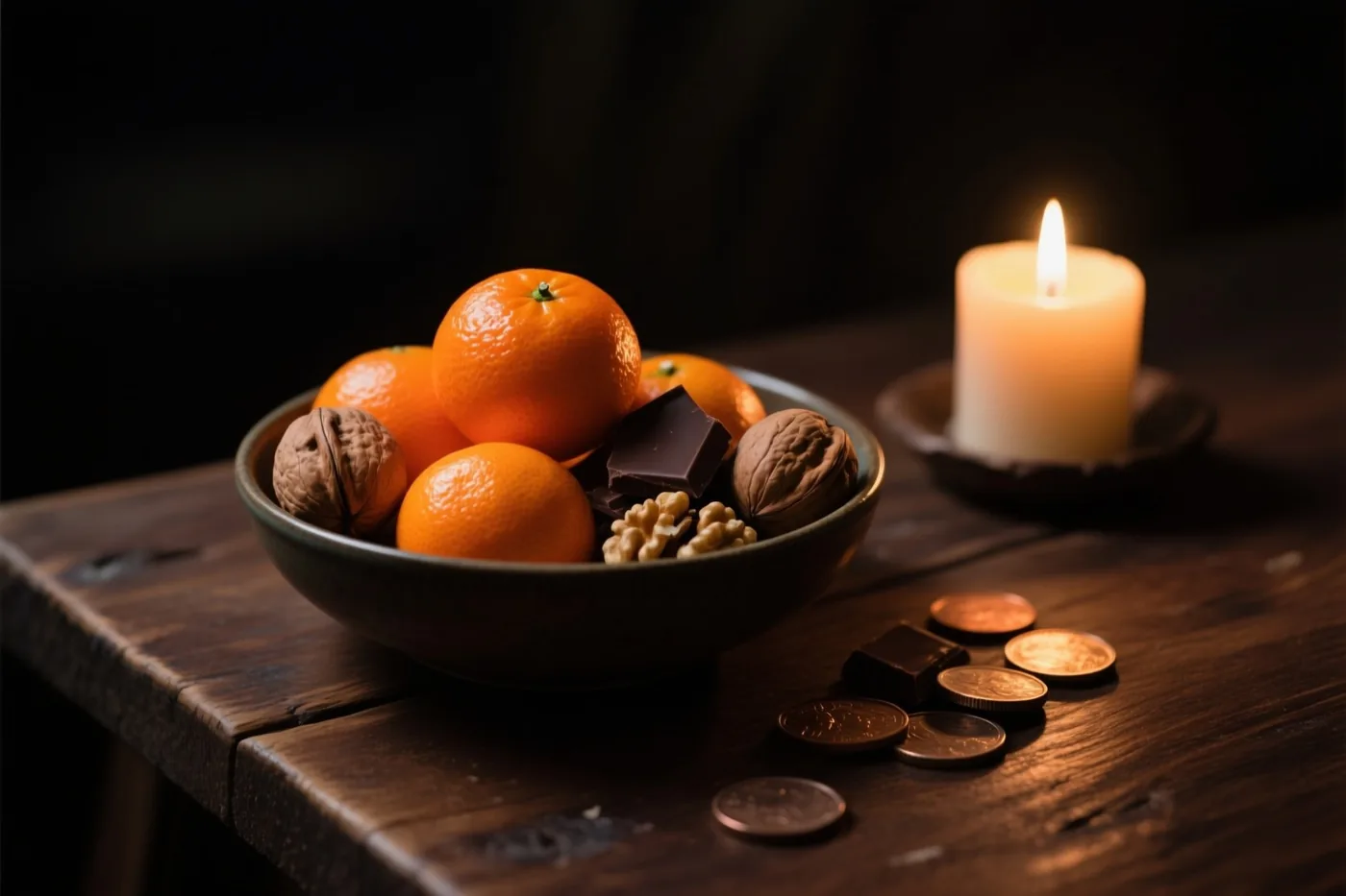Een schaal met mandarijnen, walnoten en stukjes chocolade staat op een donkere houten tafel in het warme licht van één brandende kaars, met oranje, bruine en gele tinten.