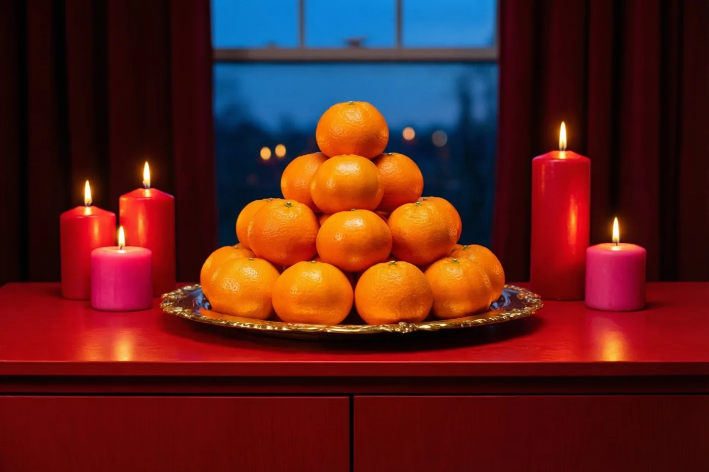 Een piramide van mandarijnen staat op een goudkleurig bord op een rood dressoir, tussen brandende rode en roze kaarsen voor een raam met donkere gordijnen en een schemerblauwe lucht.