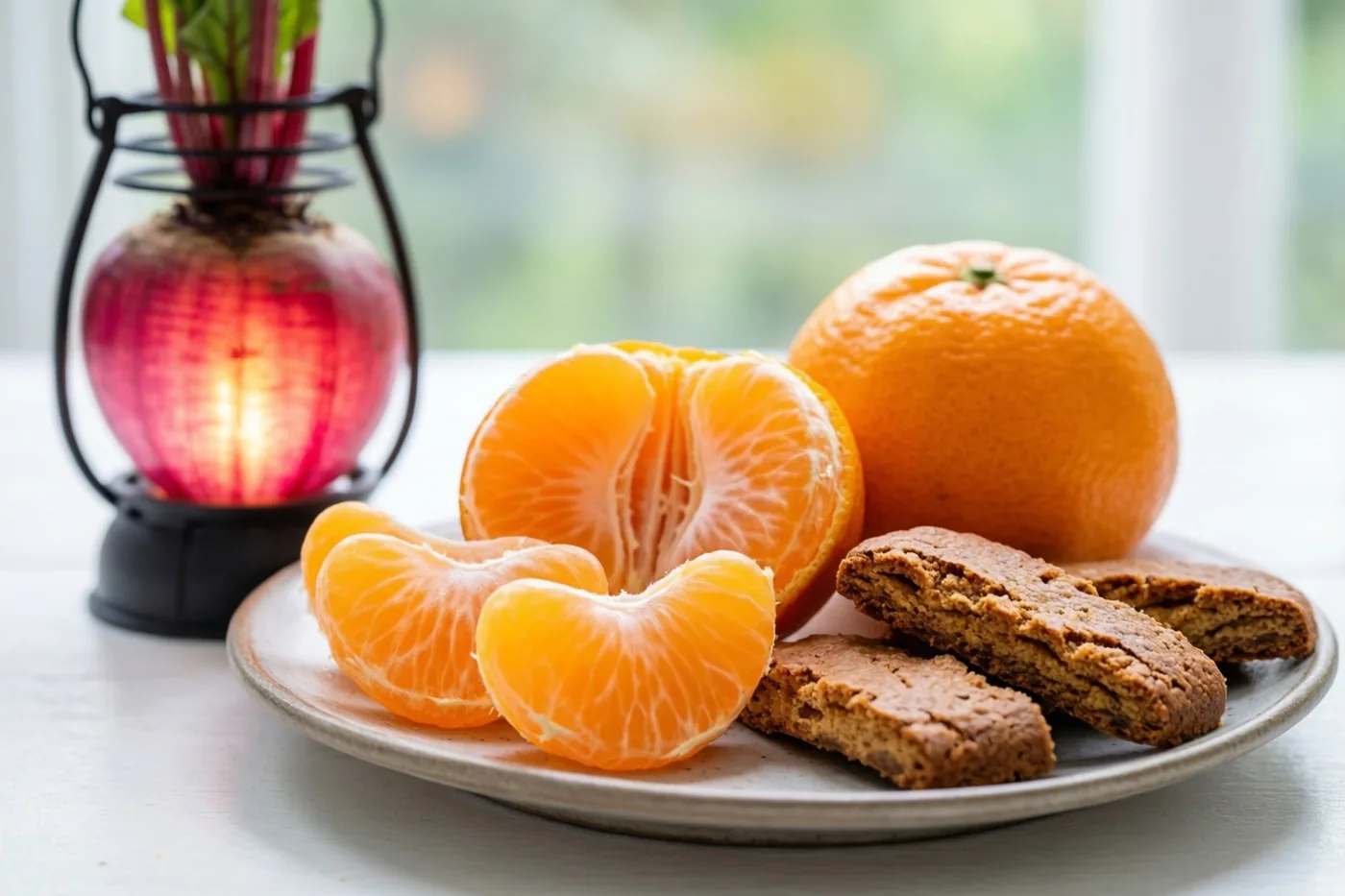 Op een witte ondergrond staat een bord met mandarijnpartjes en gebroken speculoos naast een lichtgevende rode bietenlantaarn, voor een onscherpe groene achtergrond.