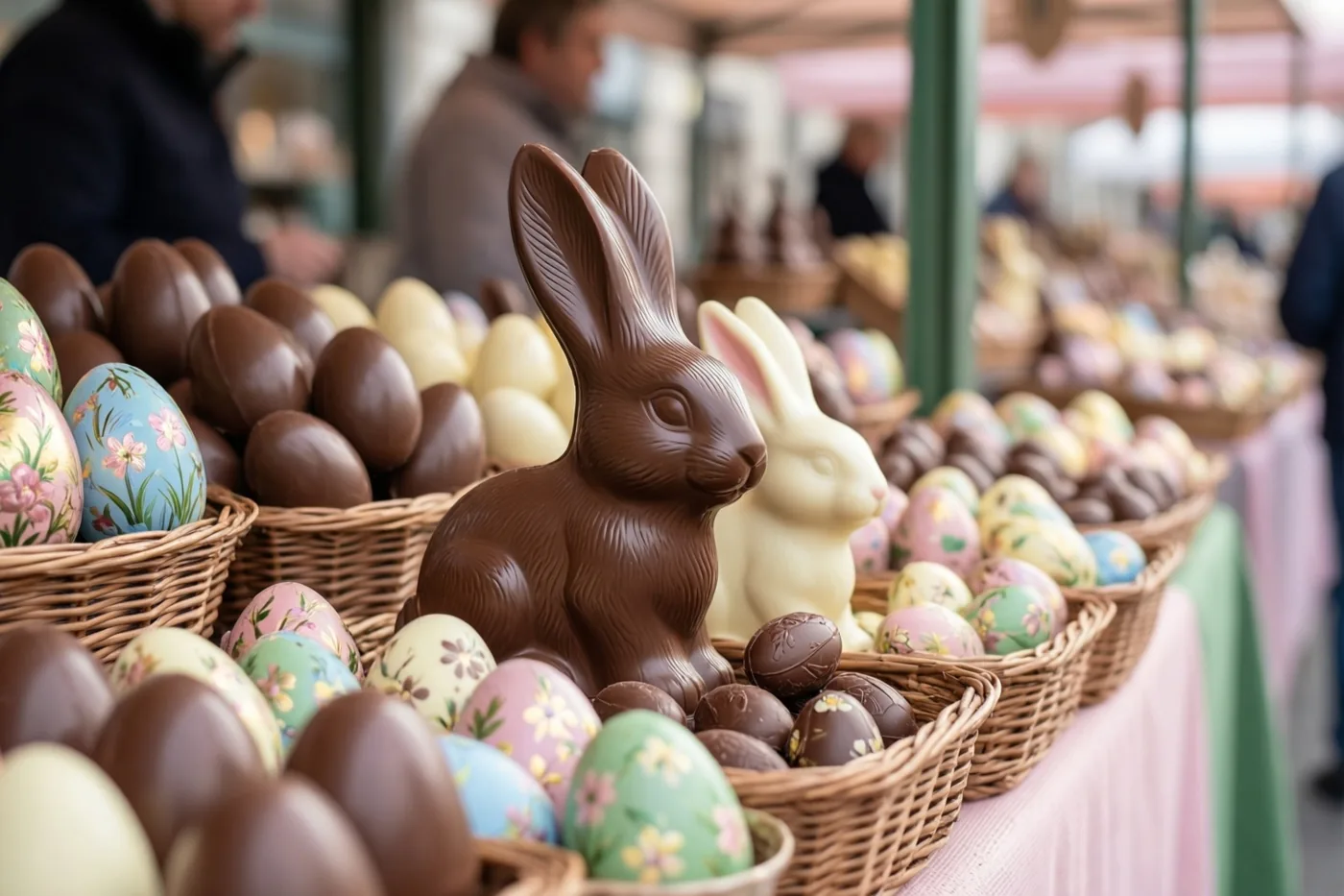 Op een lentemarkt staan manden met chocolade-eieren, chocoladehazen en beschilderde eieren in pastelkleuren en bruine tinten.