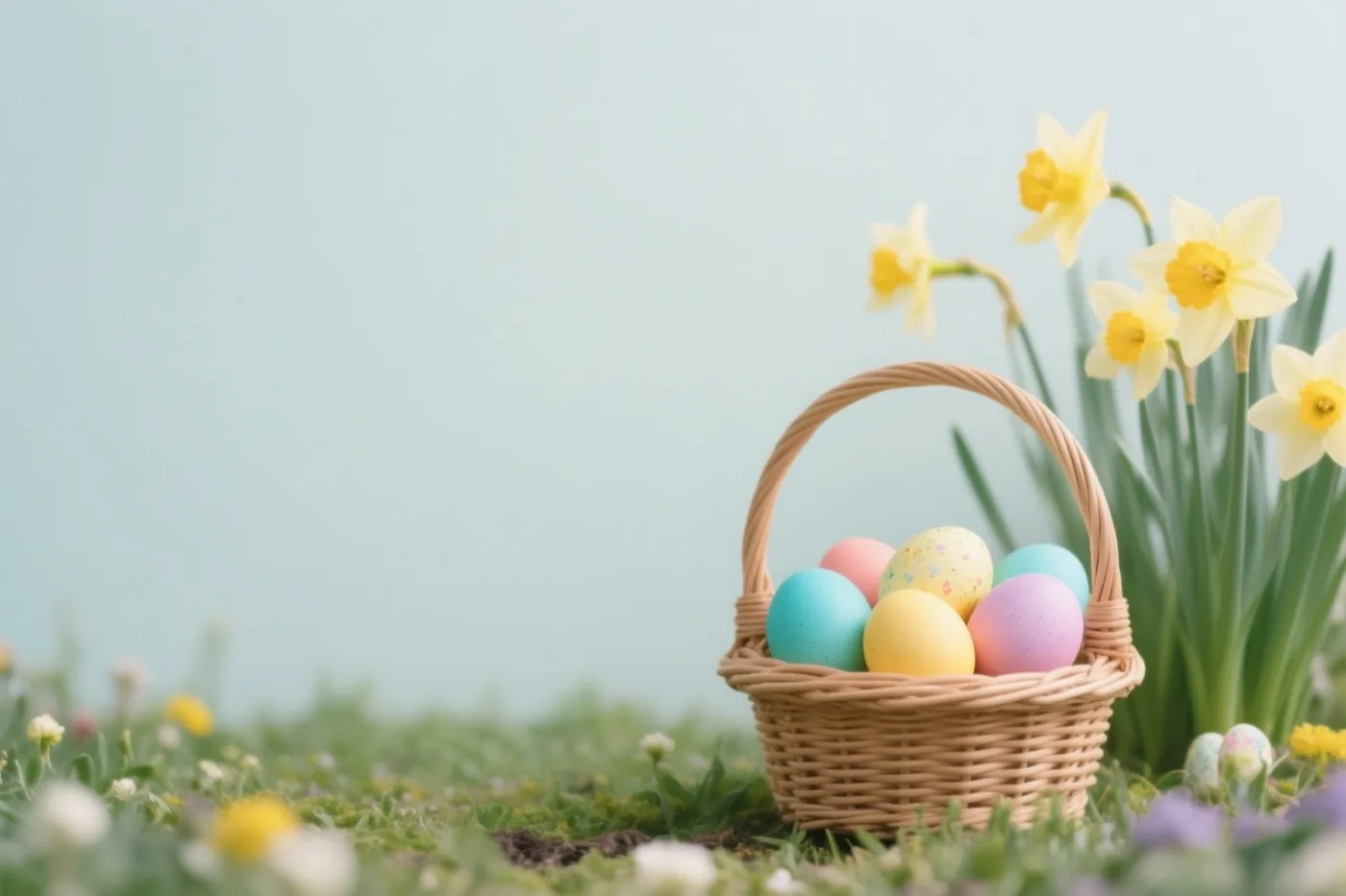 Een rieten mand met kleurrijke paaseieren staat op het gras naast bloeiende narcissen in een tuin onder een zachtblauwe lucht.