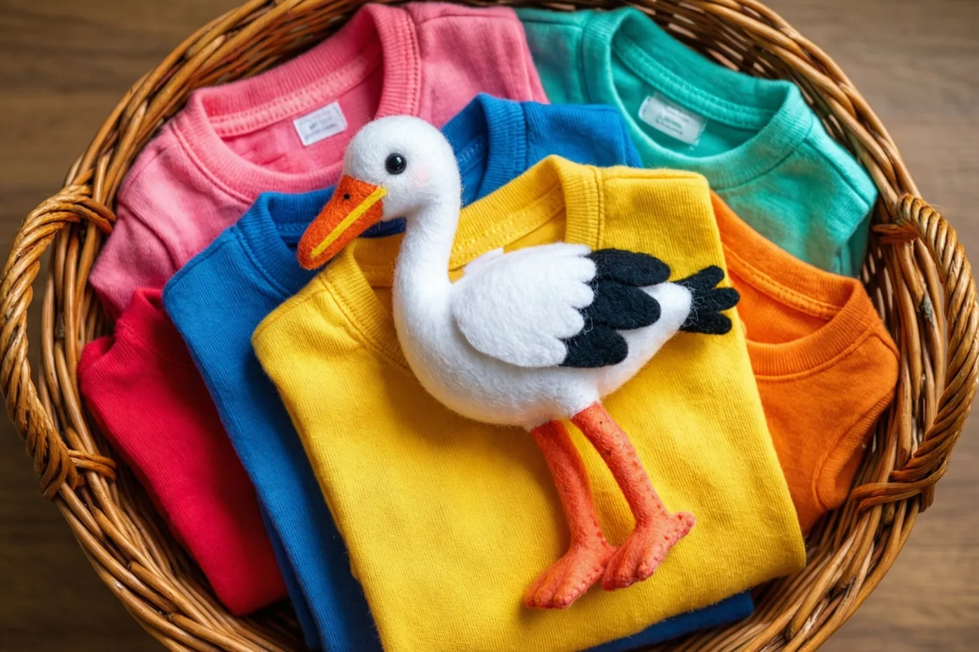 Een rieten mand met netjes gevouwen babykleertjes in felle kleuren en een vilten ooievaar erbovenop staat op een houten ondergrond.