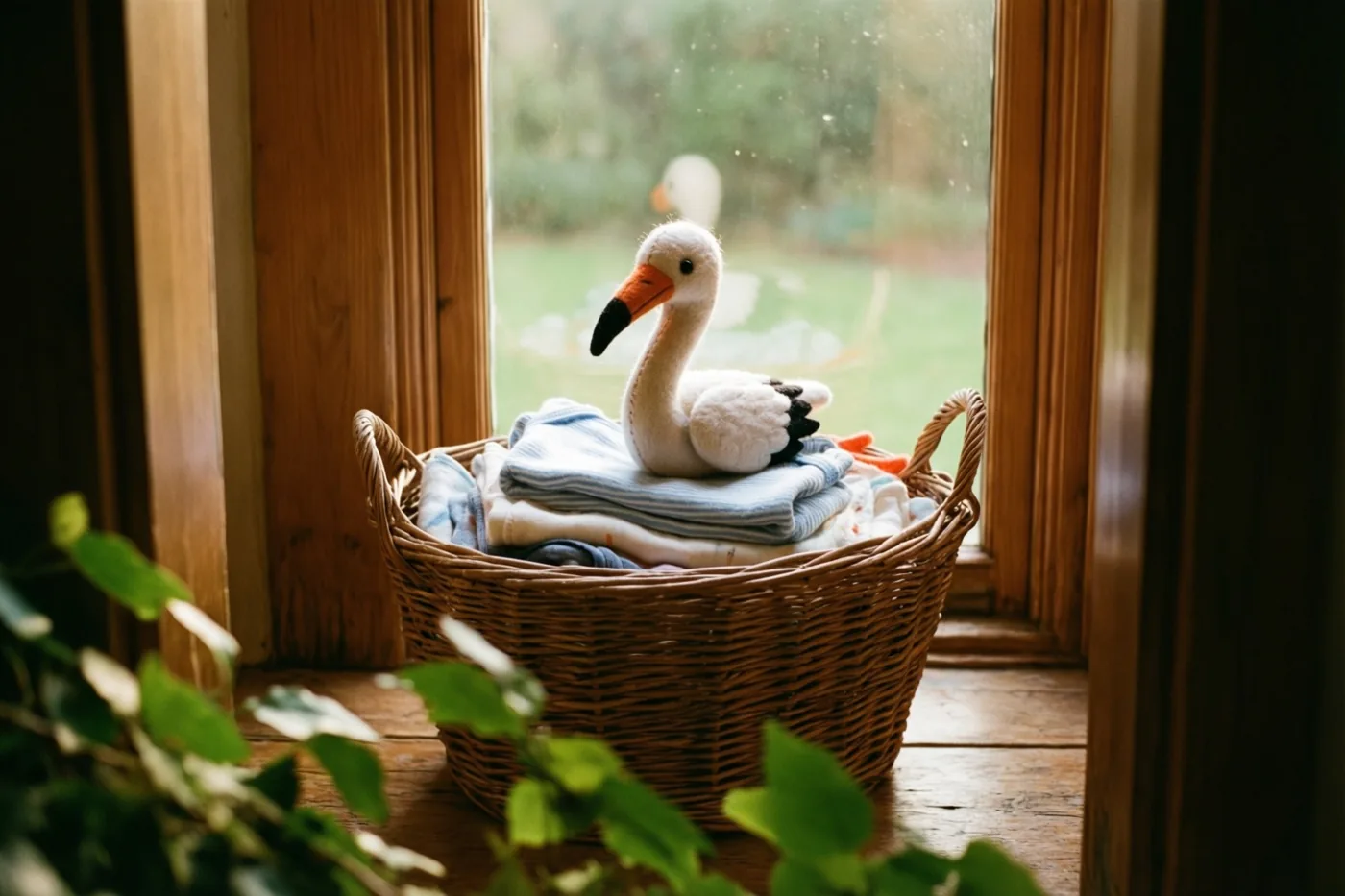 Een rieten mand met gevouwen babykleertjes en een witte vilten speelgoedooievaar staat op een houten vensterbank, met een onscherpe groene tuin buiten het raam.