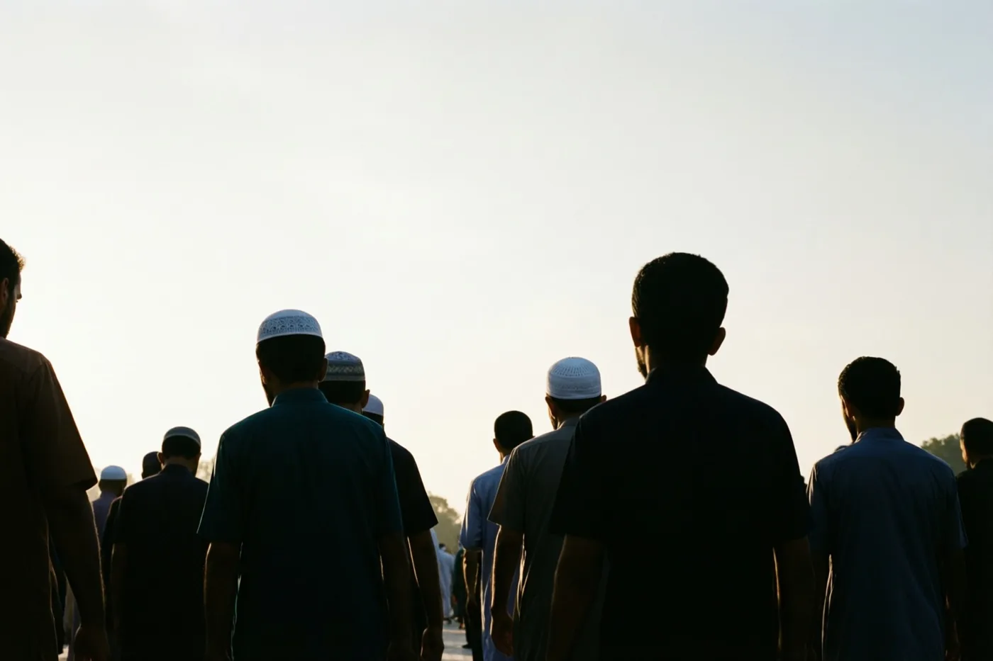 Silhouetten van mannen, sommigen met witte mutsjes, lopen van de camera weg onder een bleke, nevelige hemel.