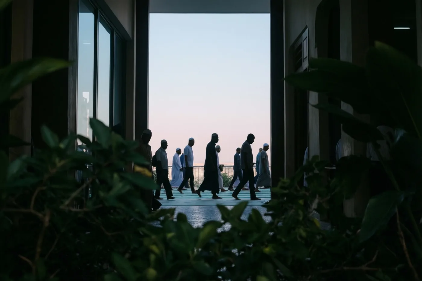 Silhouetten van mannen lopen achter elkaar naar een lichte opening onder een bleke hemel, met donker gebladerte op de voorgrond.
