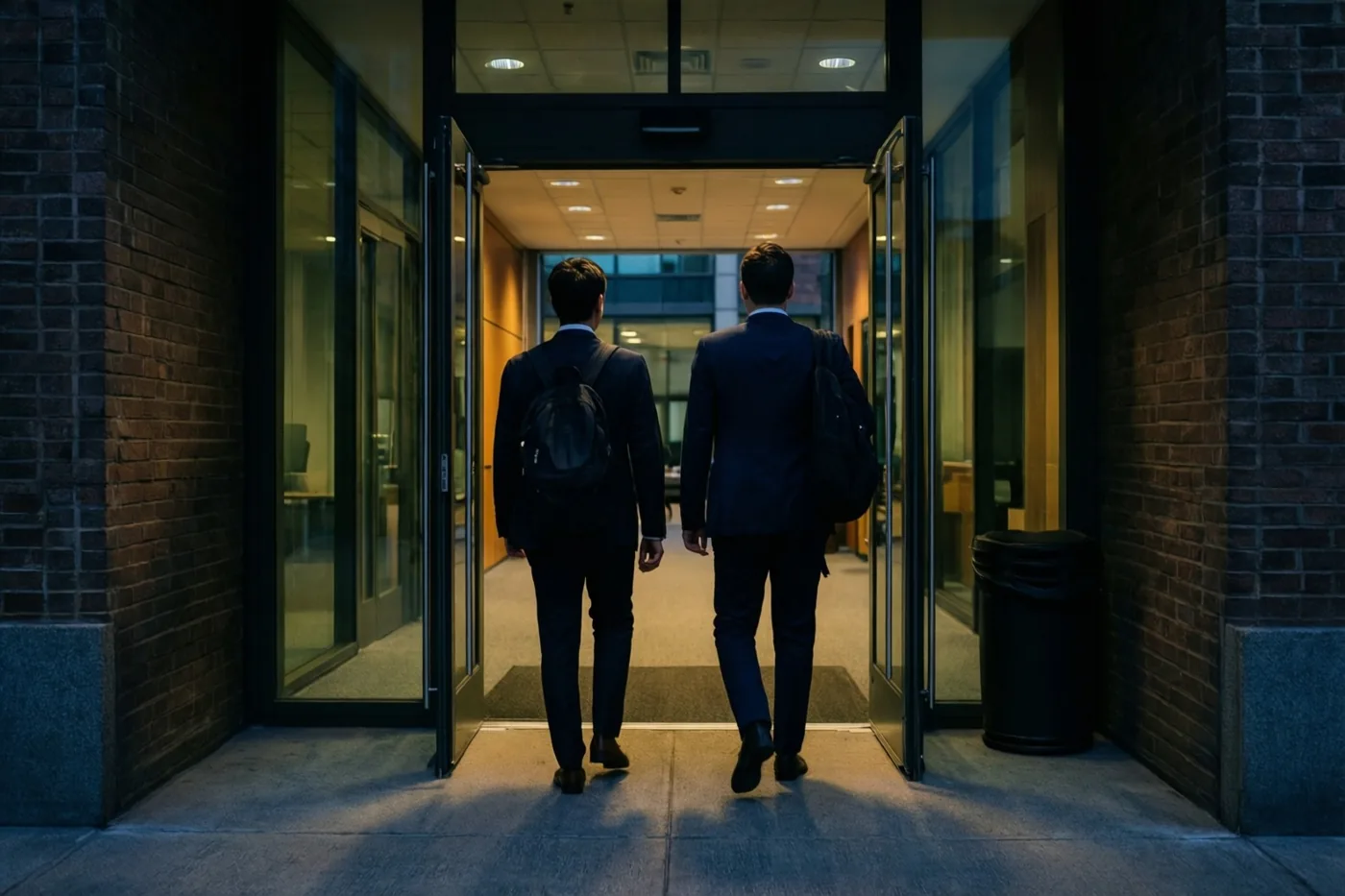 Twee mannen in pak lopen van achteren gezien door de glazen deuren van een modern kantoor naar buiten, met warm binnenlicht en een koelblauwe schemering buiten.