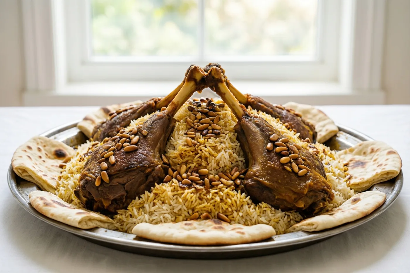 Een metalen schaal mansaf met lamsvlees op rijst, geroosterde pijnboompitten en platbrood staat binnen bij een raam in natuurlijk licht.
