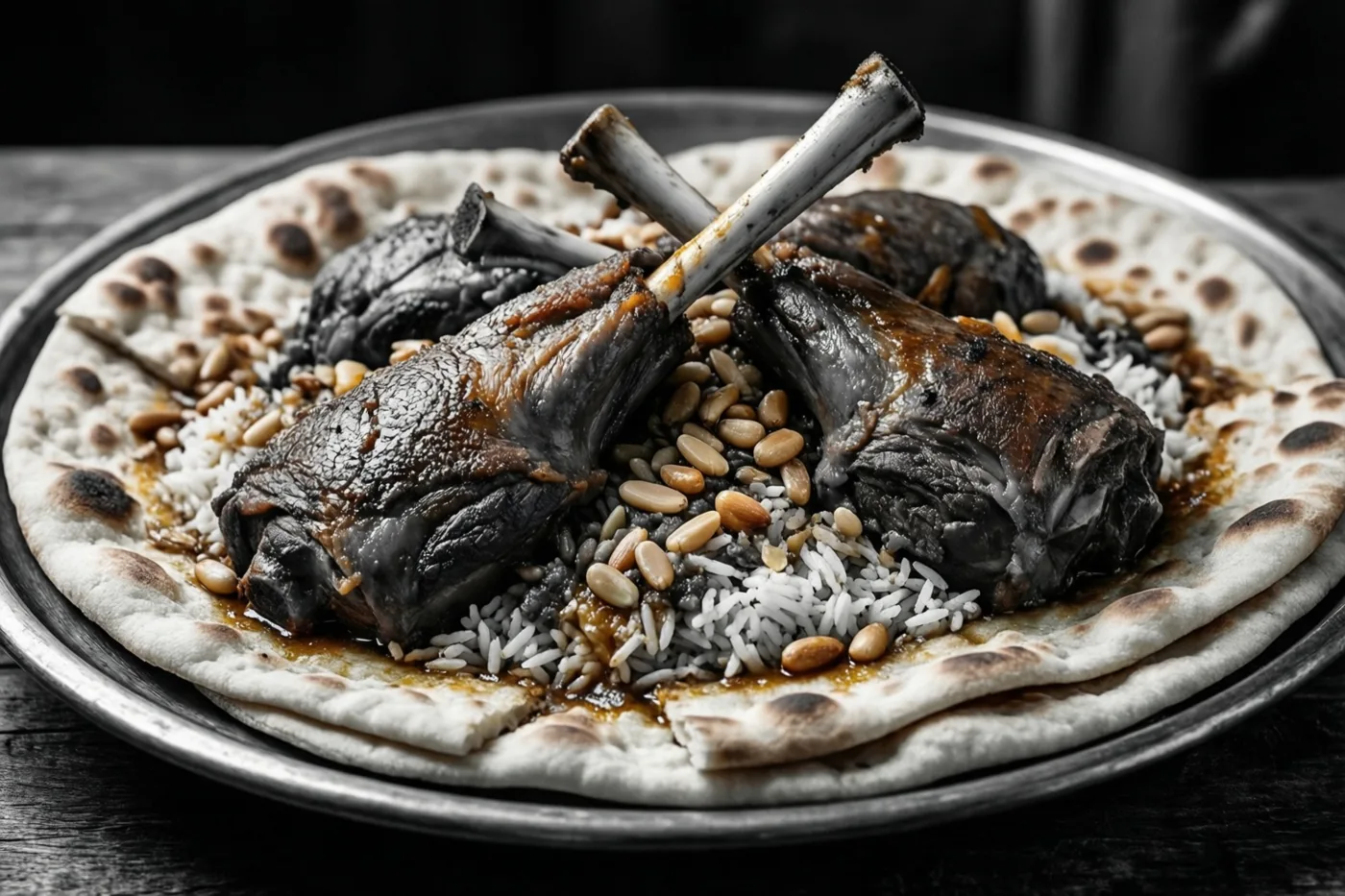 Een schaal mansaf met lamsvlees op rijst en platbrood, afgewerkt met geroosterde pijnboompitten, staat op een donkerhouten ondergrond in bruine, witte en beige tinten.
