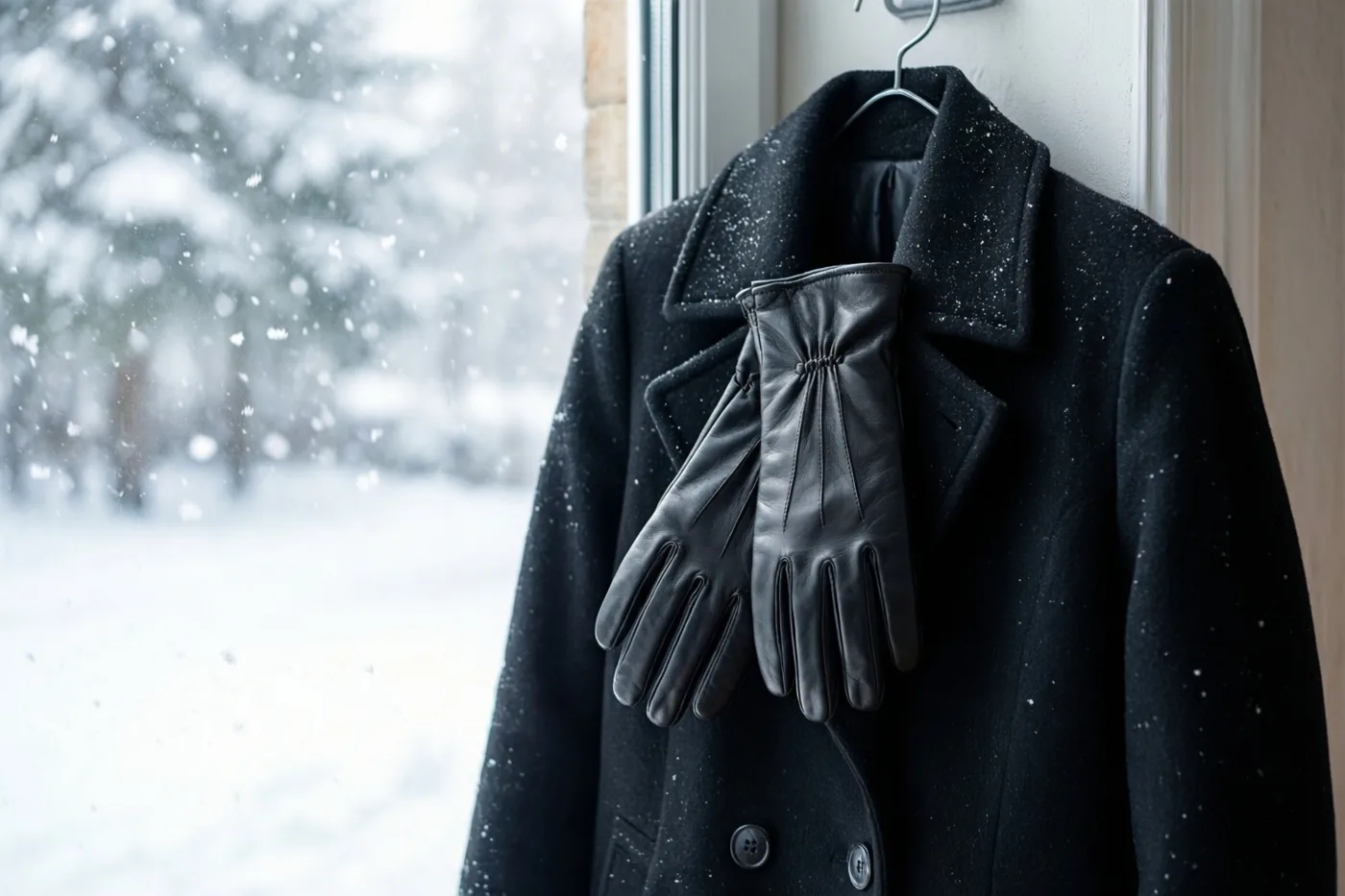 Een zwarte wollen mantel en leren handschoenen hangen aan een kleerhanger naast een raam met zicht op vallende sneeuw en een besneeuwd landschap.