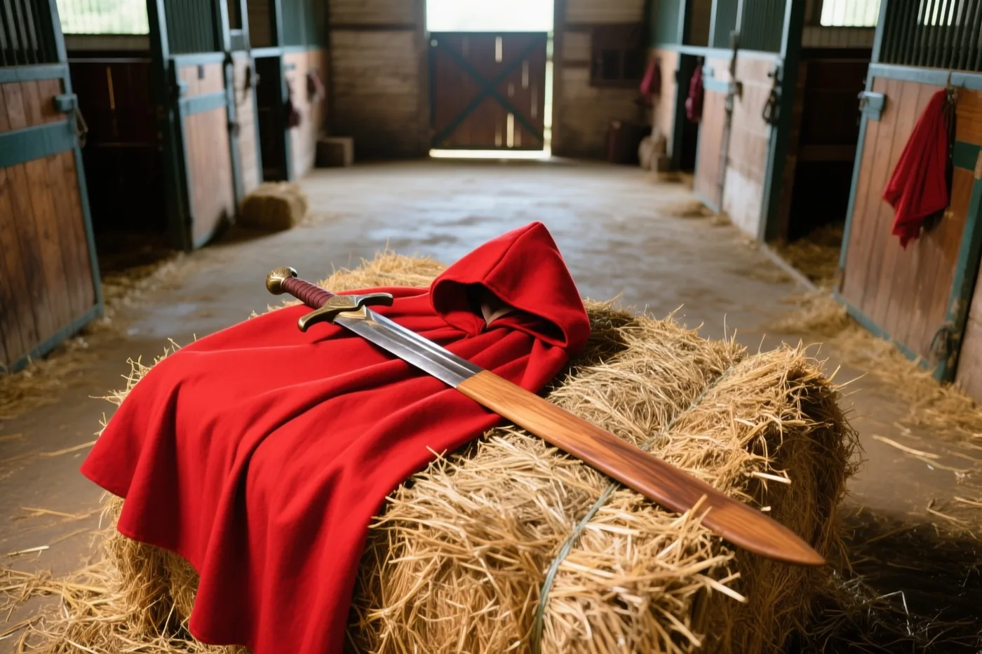 Een rode mantel en een houten zwaard liggen op een strobaal in een lege stal met houten boxen en hooi op de vloer.