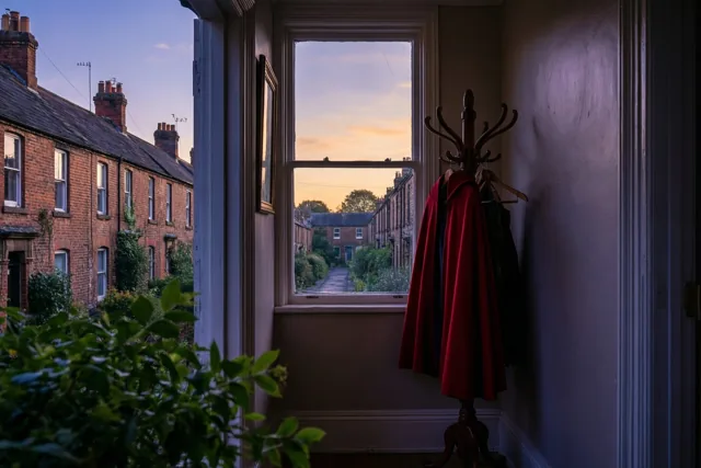Een rode mantel hangt aan een houten kapstok bij een raam in de gang van een oud bakstenen rijhuis, in de warme gloed van een oranjepaarse zonsondergang.