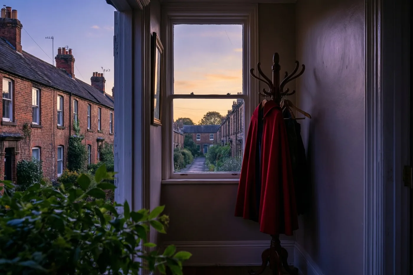 Een rode mantel hangt aan een houten kapstok bij een raam in de gang van een oud bakstenen rijhuis, in de warme gloed van een oranjepaarse zonsondergang.