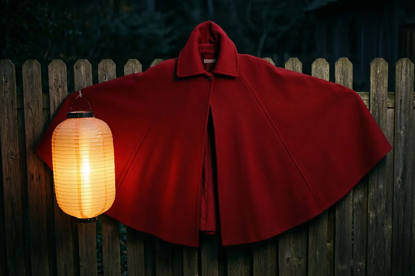Een rode wollen mantel ligt over een houten omheining naast een lichtgevende papieren lantaarn tegen een donkere achtergrond.