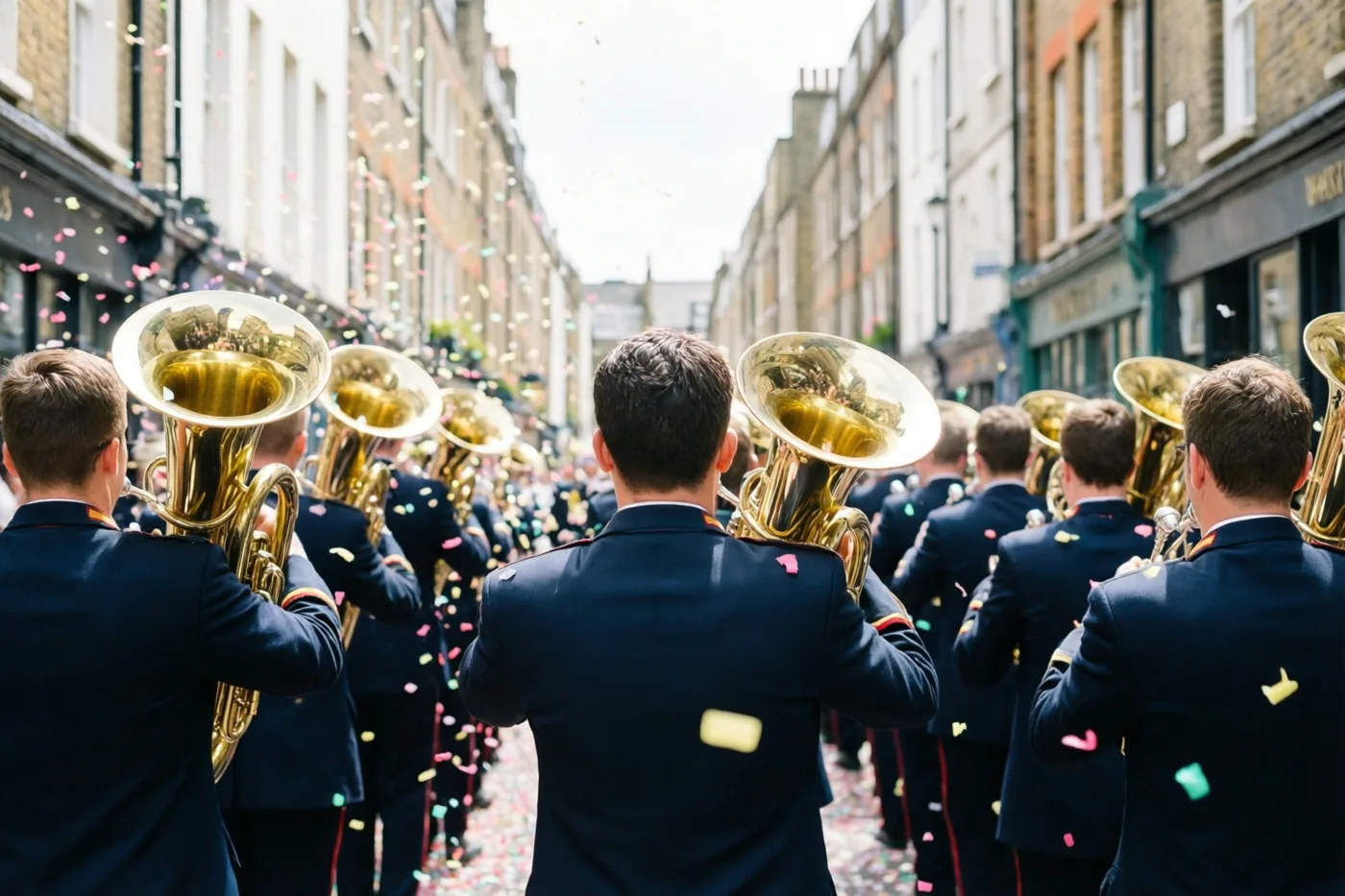 Van achteren zijn muzikanten in donkerblauwe uniformen met glanzende gouden instrumenten te zien die door een smalle straat marcheren onder kleurrijke confetti.