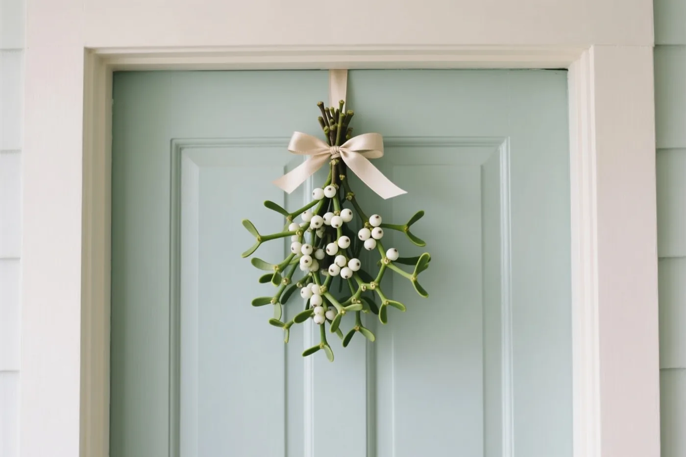 Een maretak met witte bessen en een crèmekleurig lint hangt midden op een lichtblauwe deur, omlijst door een wit deurkozijn en lichtgroene gevelbekleding.