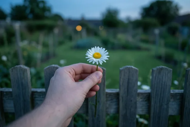 Een hand houdt een witte margriet met een geel hart boven een verweerde houten omheining in een tuin in de schemering, in zachte blauwe en groene tinten.