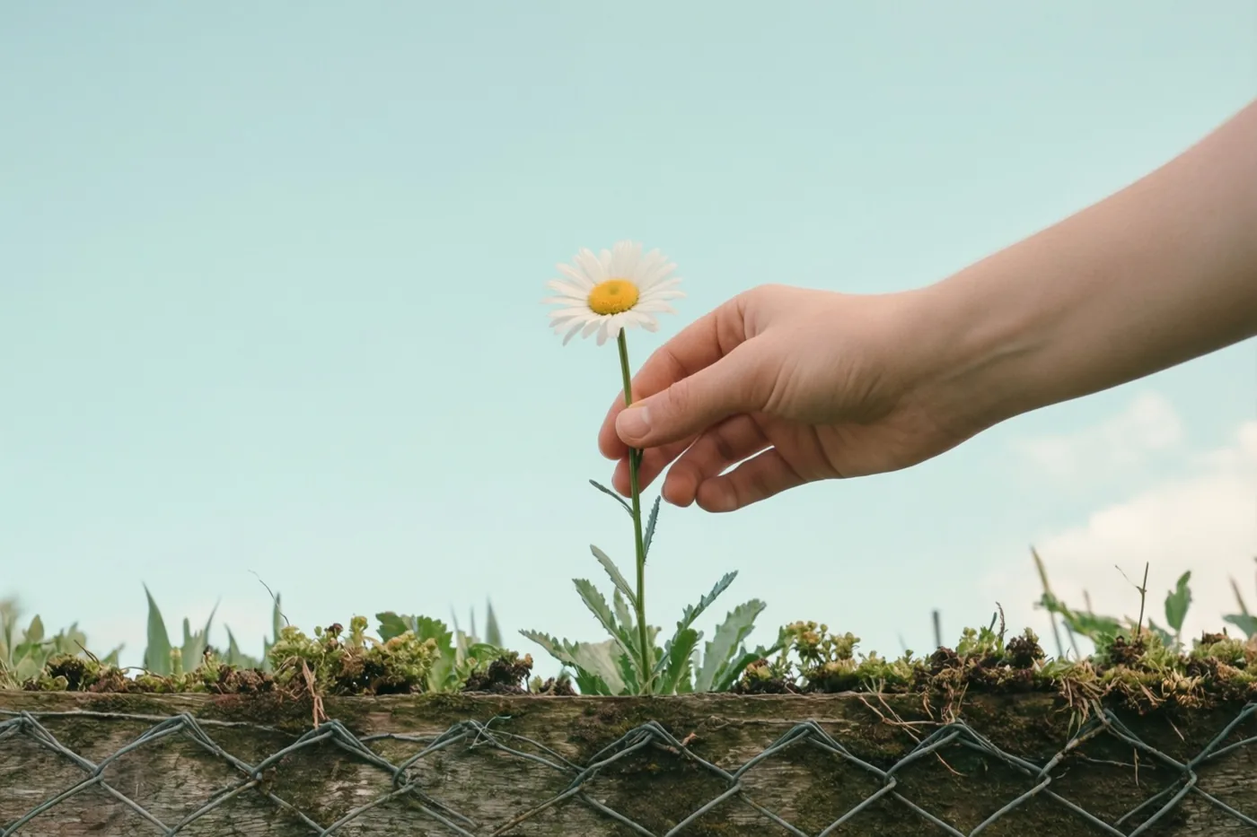 Een hand steekt een witte margriet met een geel hart over een lage houten omheining met gaas, onder een lichtblauwe hemel met groen onderaan de omheining.