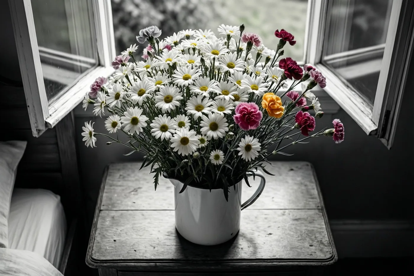 Een groot boeket witte margrieten en roze en rode anjers staat in een witte geëmailleerde kan op een donker houten nachtkastje bij een open raam.