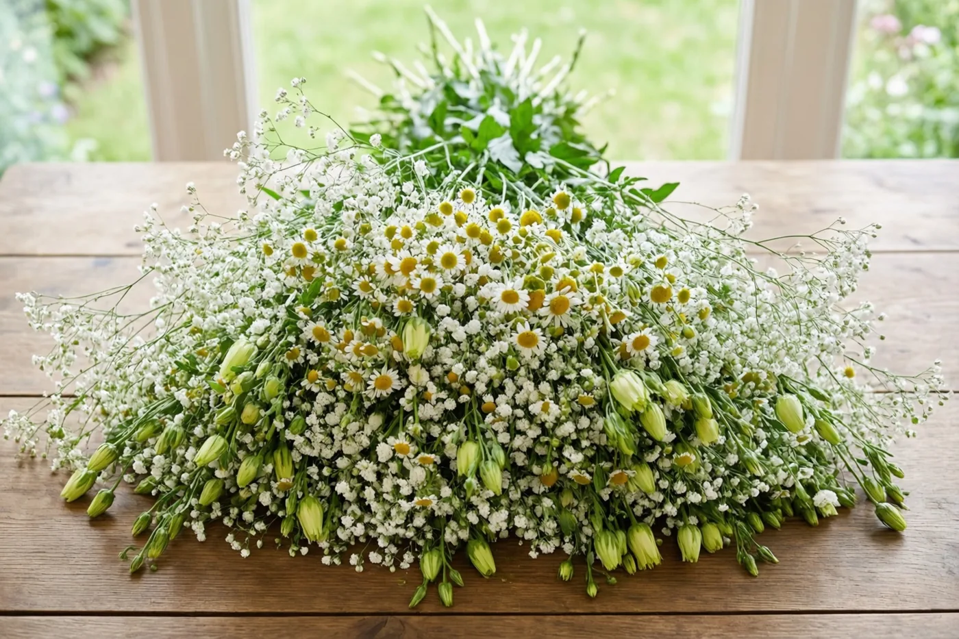 Een grote bos vers gesneden tuinbloemen met margrieten en gipskruid ligt op een rustieke houten tafel in zacht daglicht van een raam op de achtergrond.