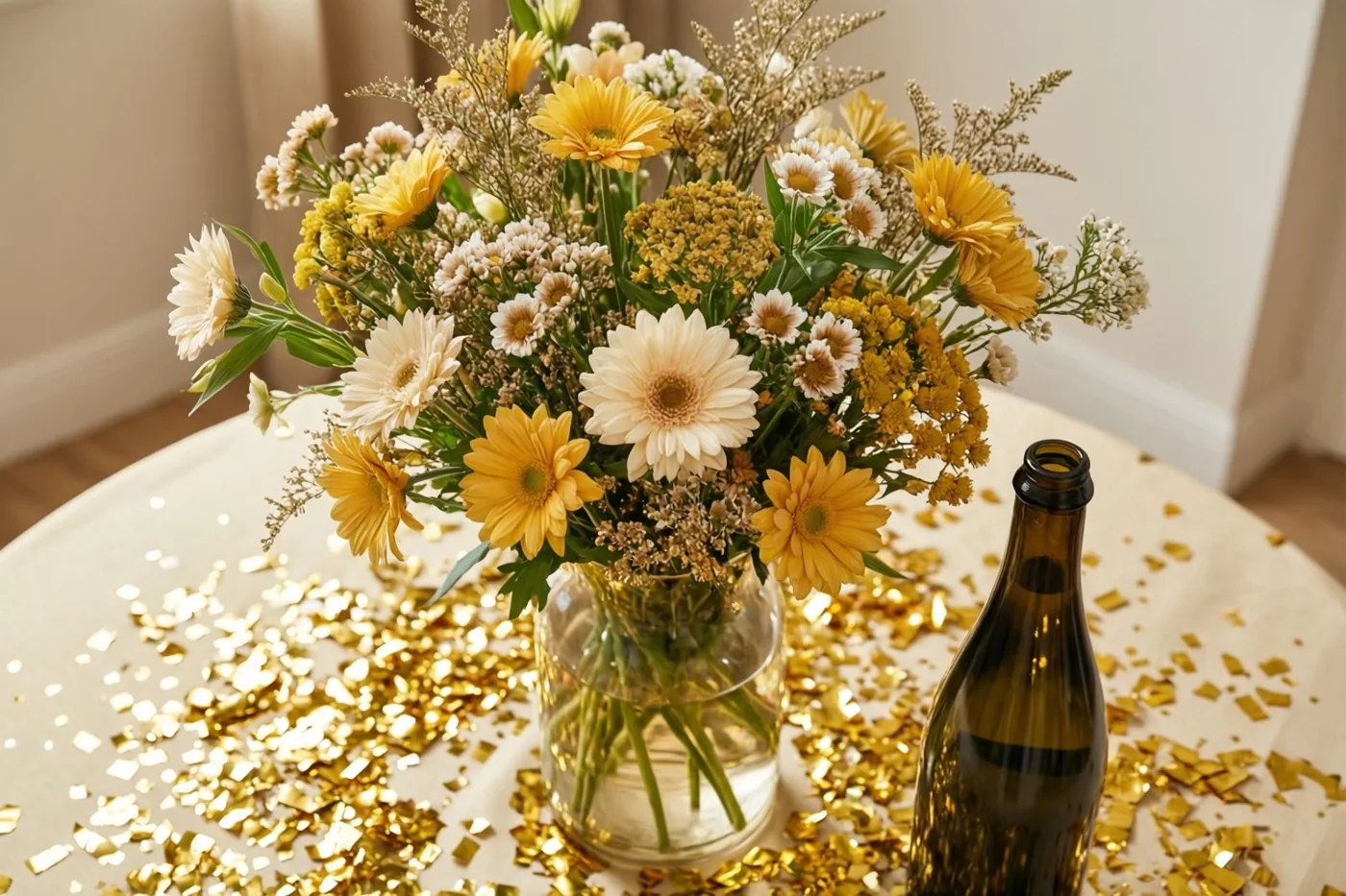 Een glazen vaas met gele en crèmekleurige margrieten en kleinere bloemen staat op een tafel met gouden confetti naast een open donkergroene fles.