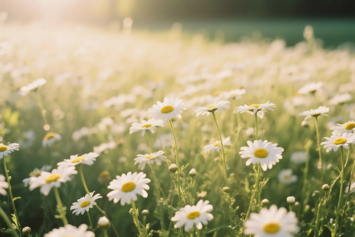 Een veld met margrieten met witte bloemblaadjes, gele hartjes en groene stengels ligt in warm lentezonlicht, met een wazige achtergrond.