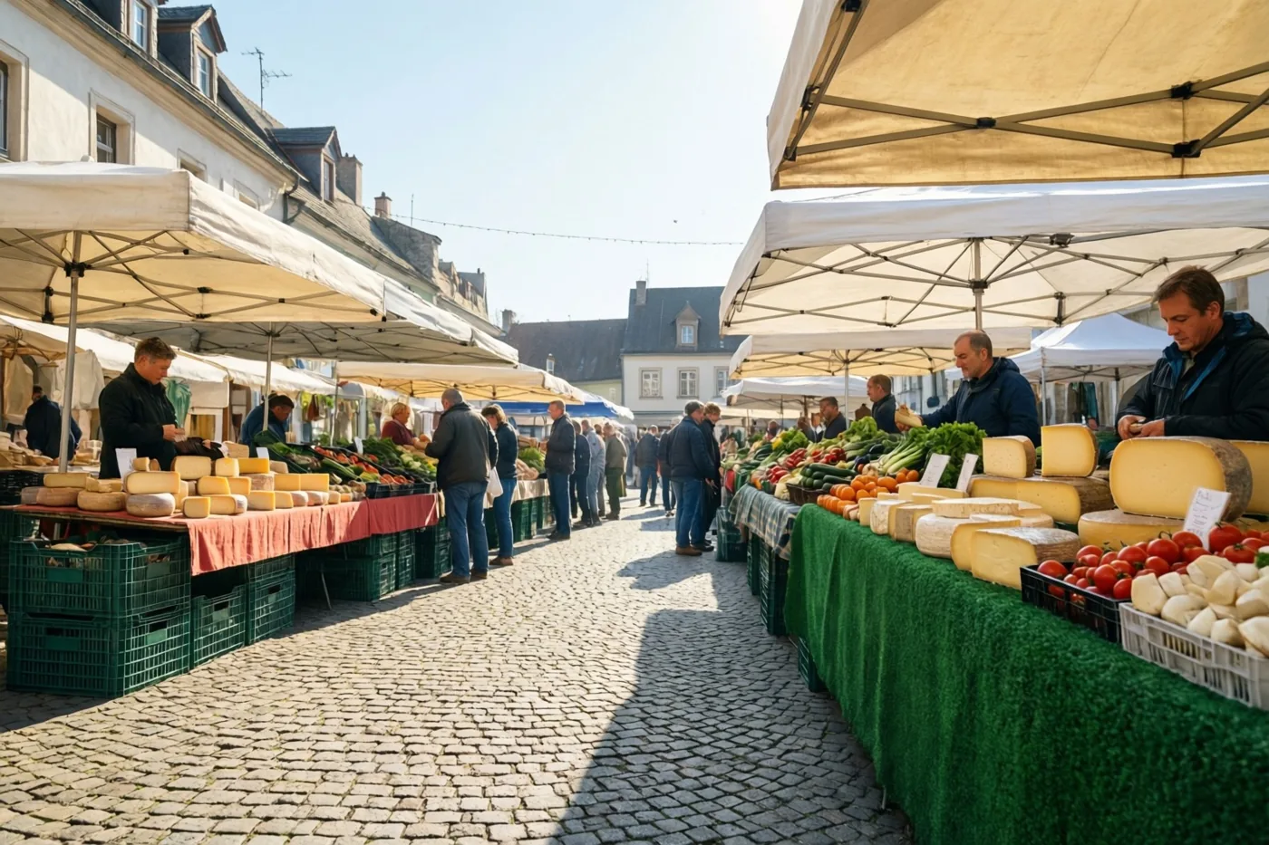 Mensen bekijken kaas en groenten aan marktkramen onder witte luifels op een zonnig dorpsplein met kasseien en traditionele gebouwen.
