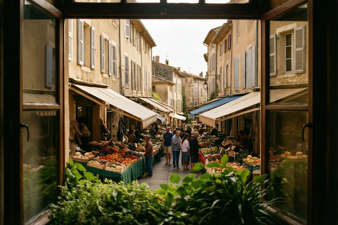 Door een open raam kijk je op een drukke marktstraat in een Zuid-Frans dorp, met kramen onder luifels, verse koopwaar en groen in warm daglicht.