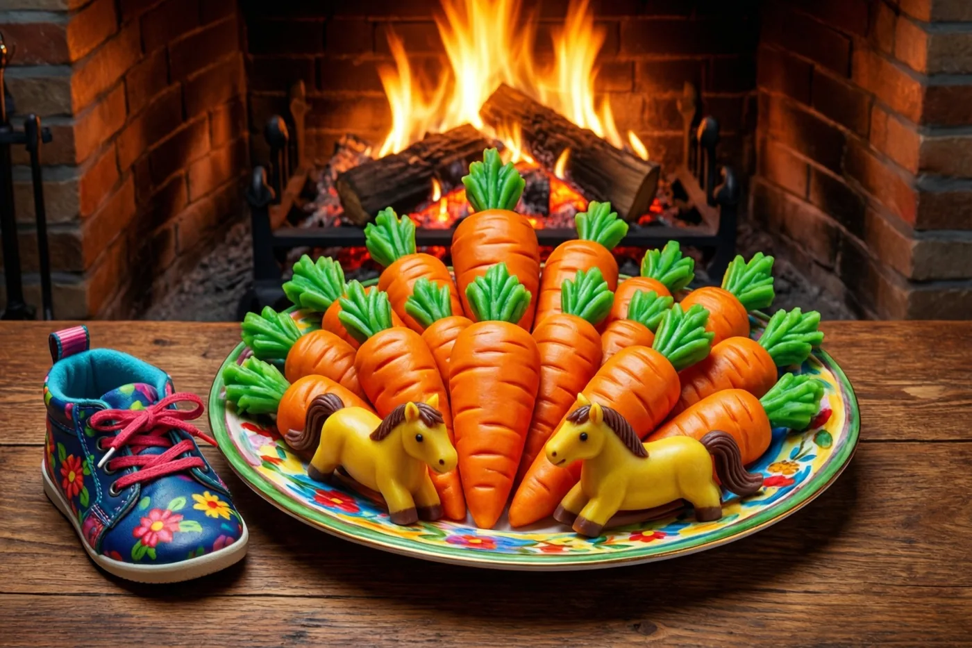 Een bord met marsepeinen wortels en kleine marsepeinen paardjes staat naast een gebloemde kinderschoen op een houten tafel voor een brandende open haard.