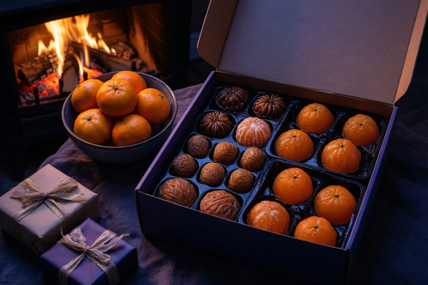 Een doos marsepeinen vruchten en een kom mandarijnen staan bij een brandende haard met twee kleine ingepakte cadeautjes in een schemerige kamer met oranje en donkerblauwe tinten.