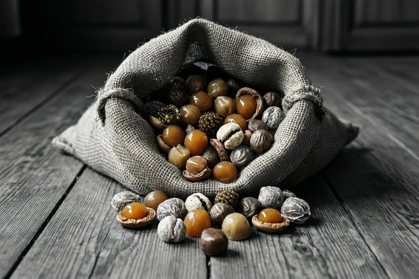 Uit een open jutezak liggen marsepeinen vruchten, pralines en pepernoten verspreid over een houten vloer.